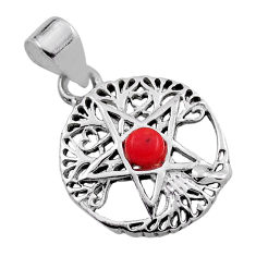 0.52cts red coral round 925 sterling silver wicca symbol pendant jewelry n25339