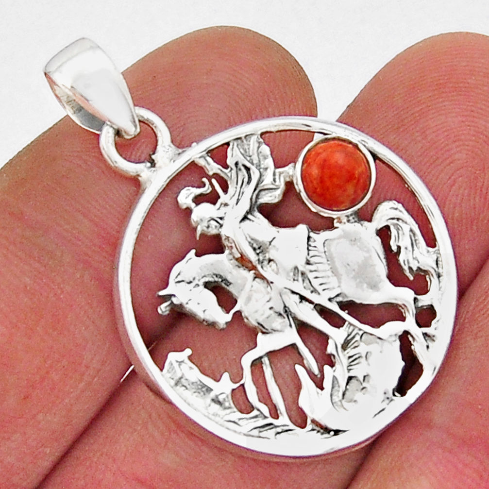 0.73cts red coral round shape 925 sterling silver horse pendant jewelry y20716