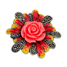 4.51cts red green enamel pink coral marcasite 925 silver flower pendant y66215