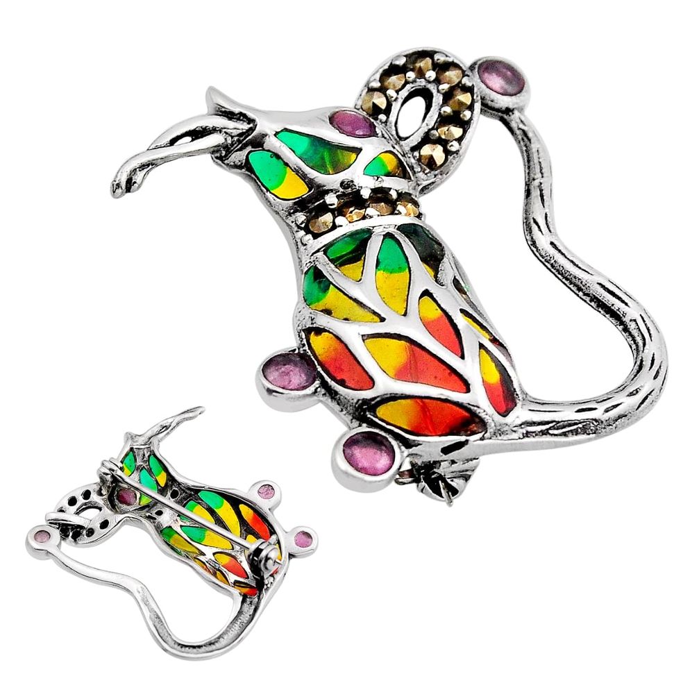 1.00cts red green enamel ruby (lab) marcasite 925 silver brooch pendant y83592