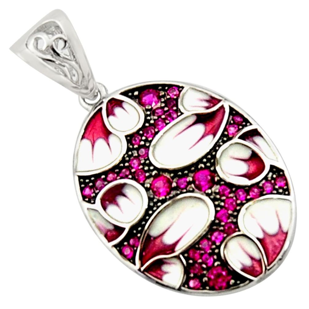 1.47cts red ruby (lab) enamel 925 sterling silver pendant jewelry c9832
