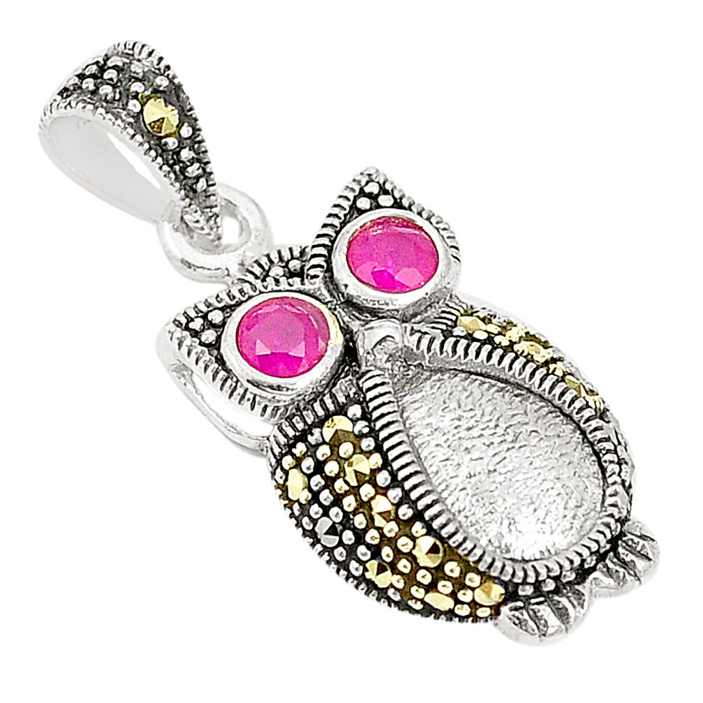 Red ruby quartz marcasite 925 sterling silver owl pendant jewelry c17130