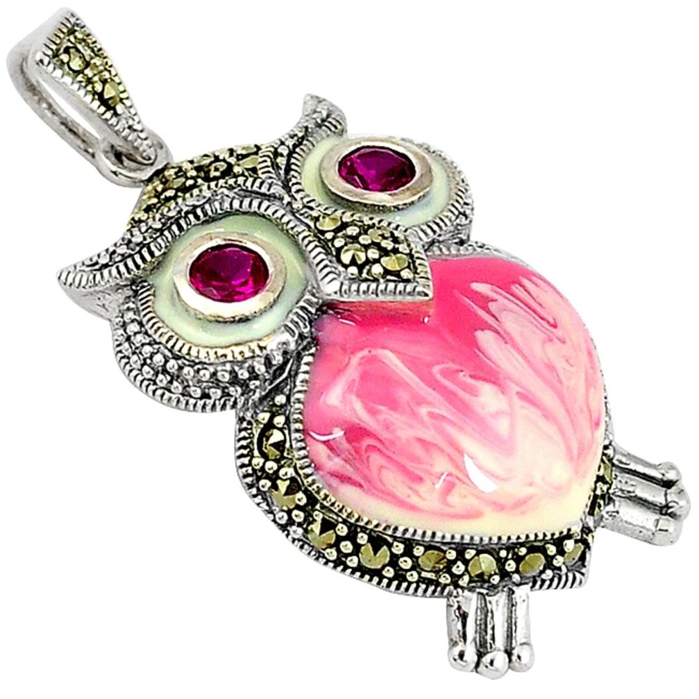 Red ruby quartz marcasite enamel 925 sterling silver owl pendant jewelry c16640