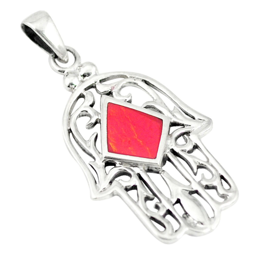 LAB Red sponge coral 925 silver hand of god hamsa pendant jewelry c12474