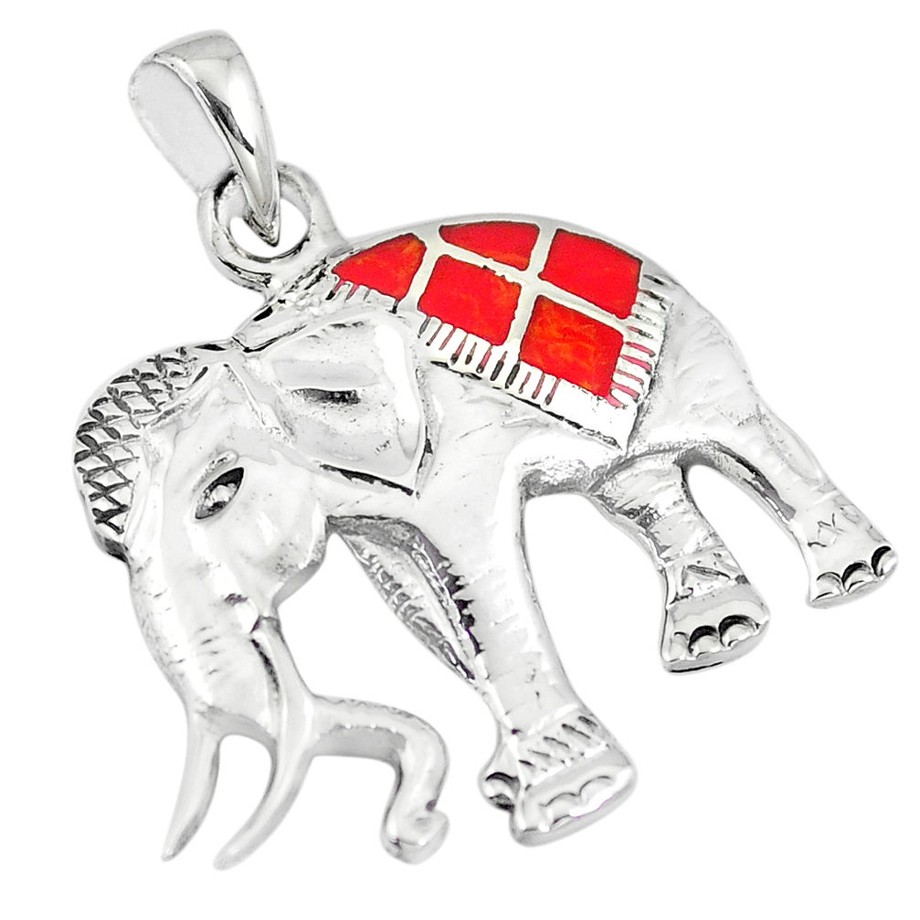 LAB 2.89gms red sponge coral enamel 925 silver elephant pendant a88401 c13749