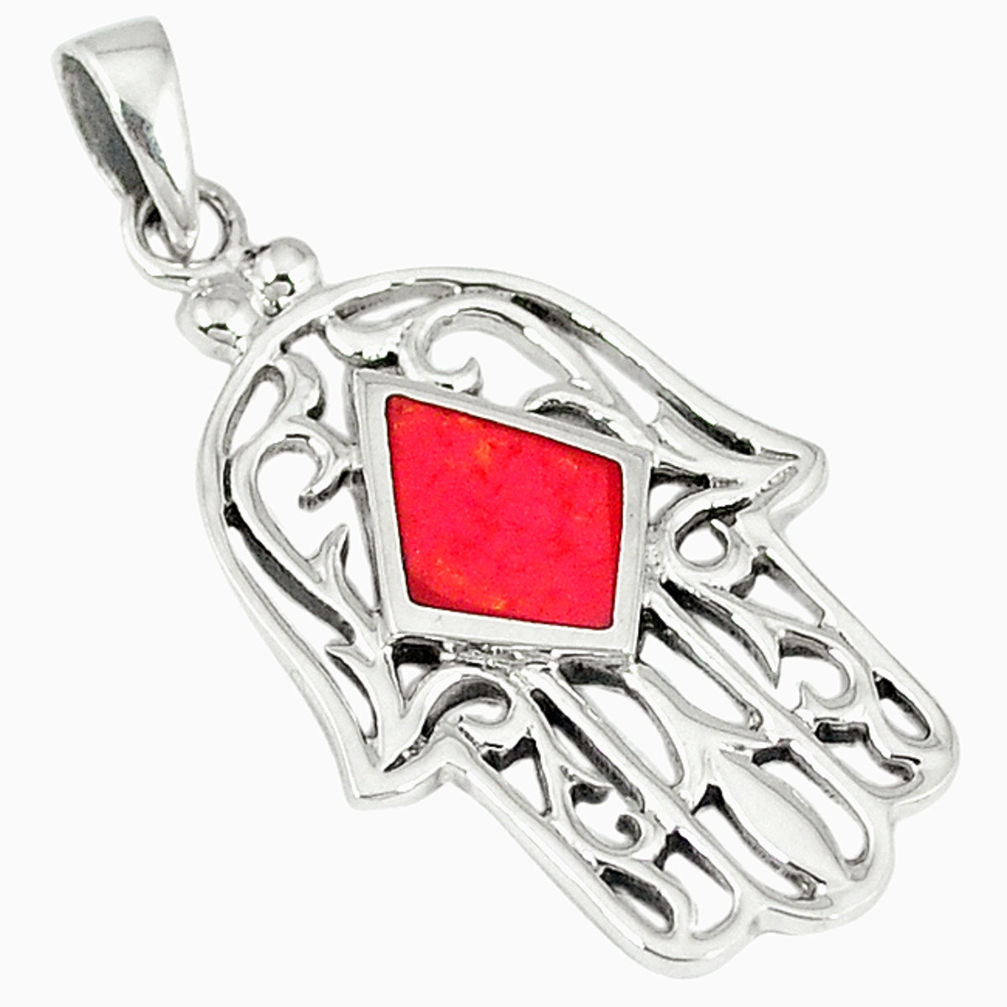 LAB Red sponge coral enamel 925 silver hand of god hamsa pendant jewelry c12472