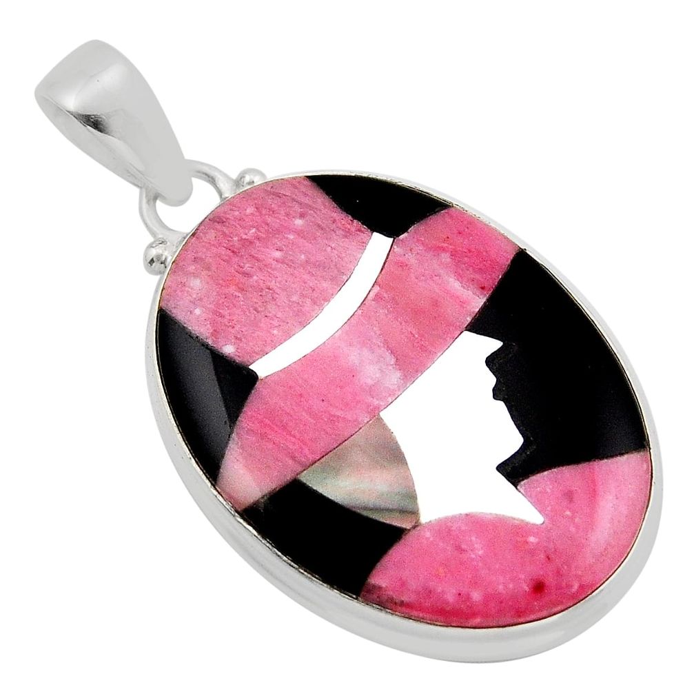 22.05cts rhodonite in black manganese black onyx pearl 925 silver pendant y94130