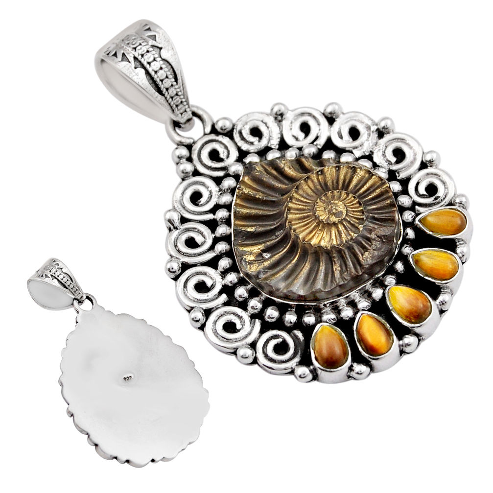 22.55cts russian jurassic opal ammonite tiger's eye 925 silver pendant c30692