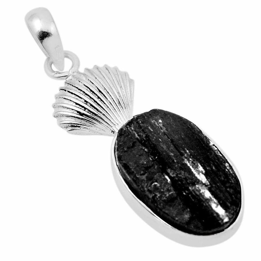 10.78cts shell natural black tourmaline rough 925 sterling silver pendant n29275
