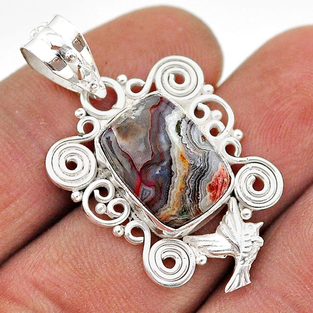 Silver 6.25cts natural multi color mexican laguna lace agate bird pendant t68464