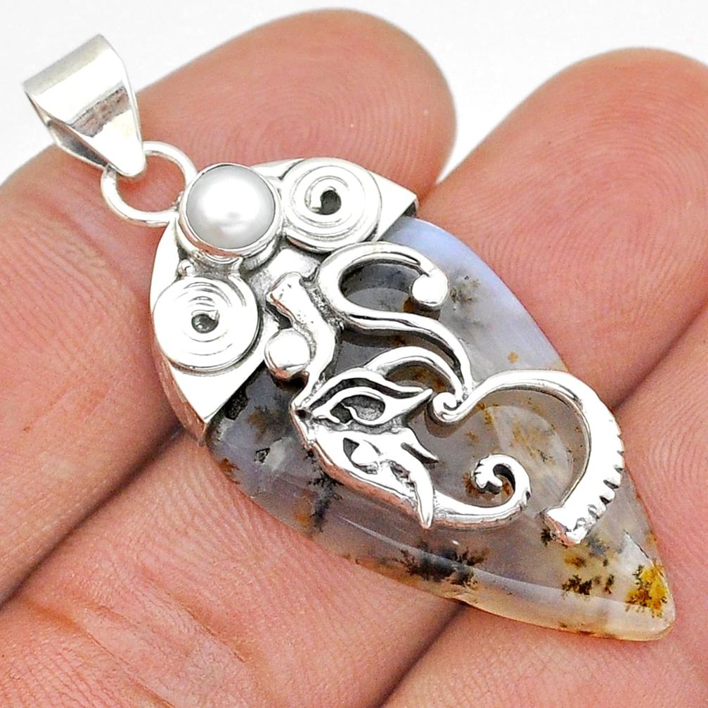 Silver 24.33cts om symbol scenic russian dendritic agate pearl pendant u86766