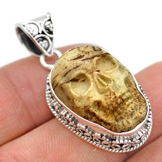 19.00cts skull natural brown picture jasper 925 sterling silver pendant u75089