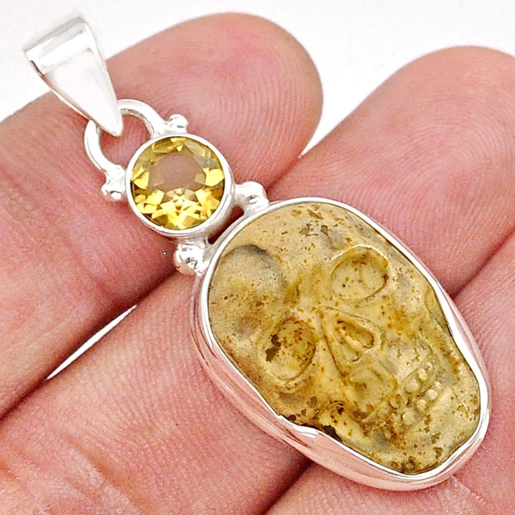 16.24cts skull natural brown picture jasper citrine 925 silver pendant d49216