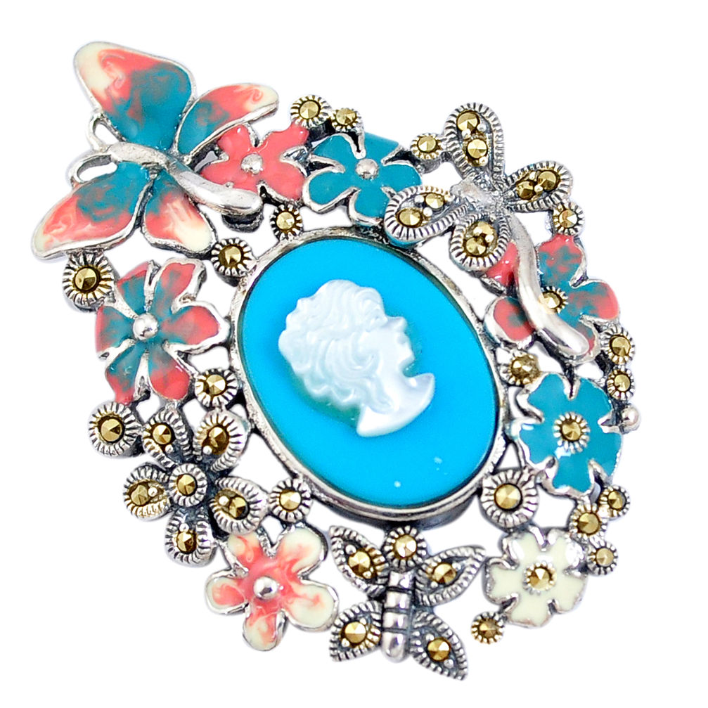 Blue sleeping beauty turquoise pearl lady face enamel 925 silver pendant c16427