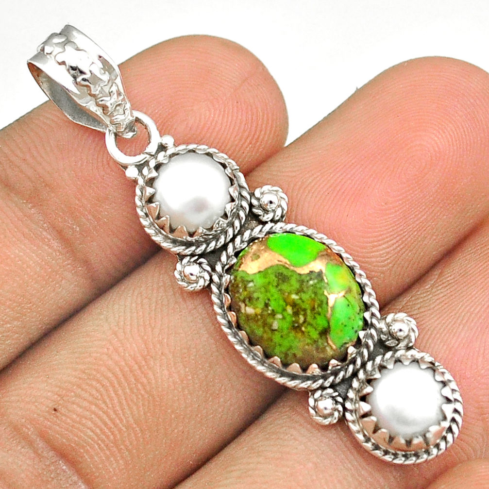 7.30cts southwestern green copper turquoise pearl 925 silver pendant u30643