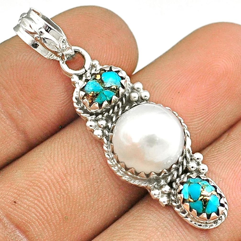 7.22cts southwestern natural pearl copper turquoise 925 silver pendant u30608