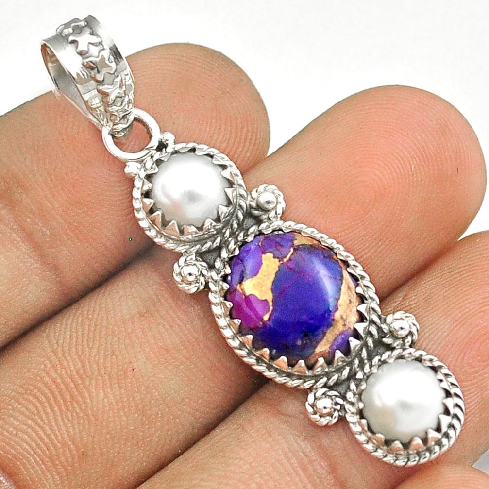 7.30cts southwestern purple copper turquoise pearl 925 silver pendant u30627