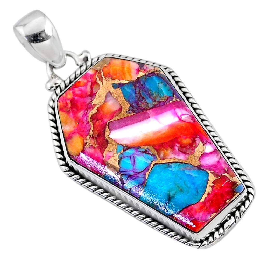 19.07cts spiny oyster arizona turquoise 925 silver coffin pendant r63467