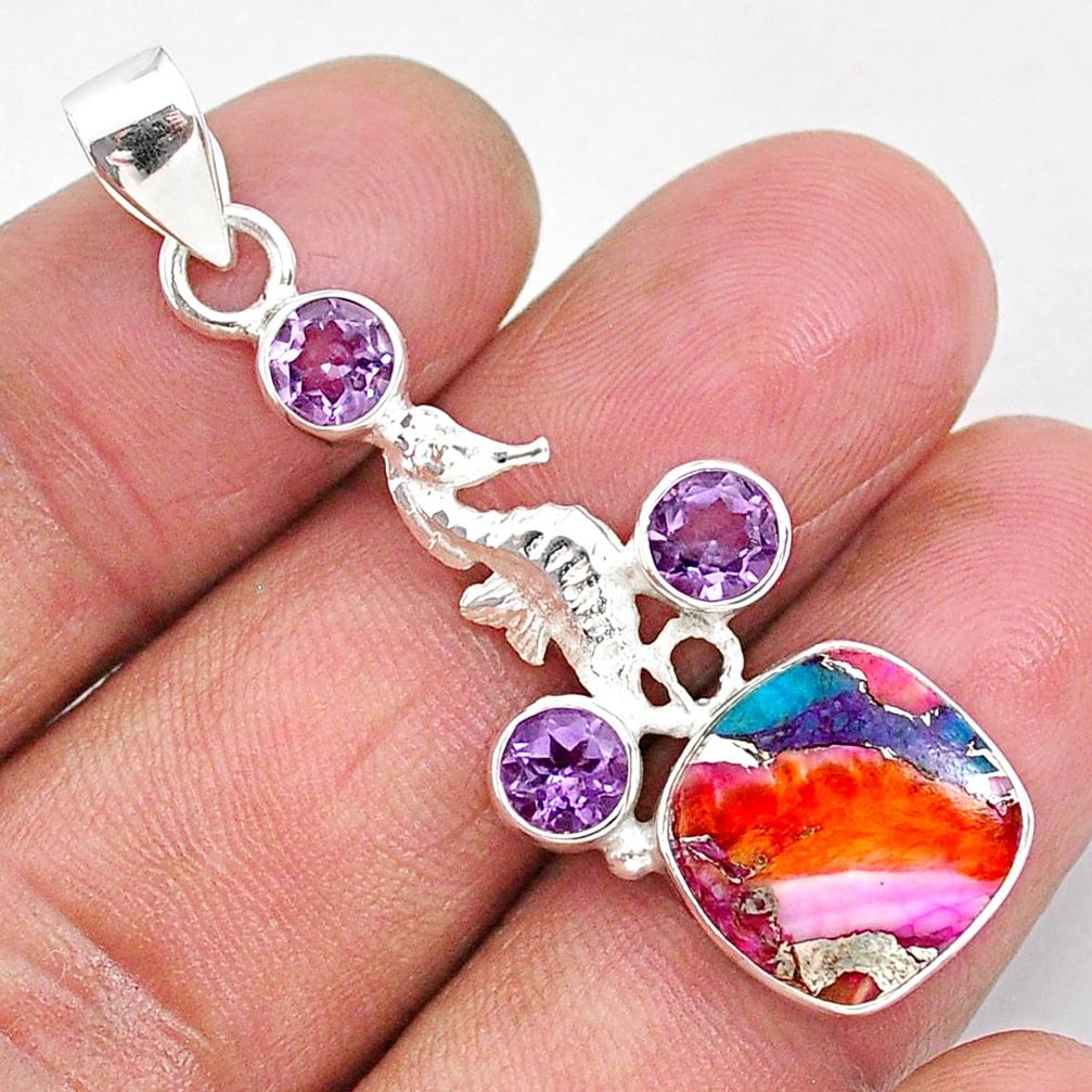 8.48cts spiny oyster arizona turquoise 925 silver seahorse pendant r93315