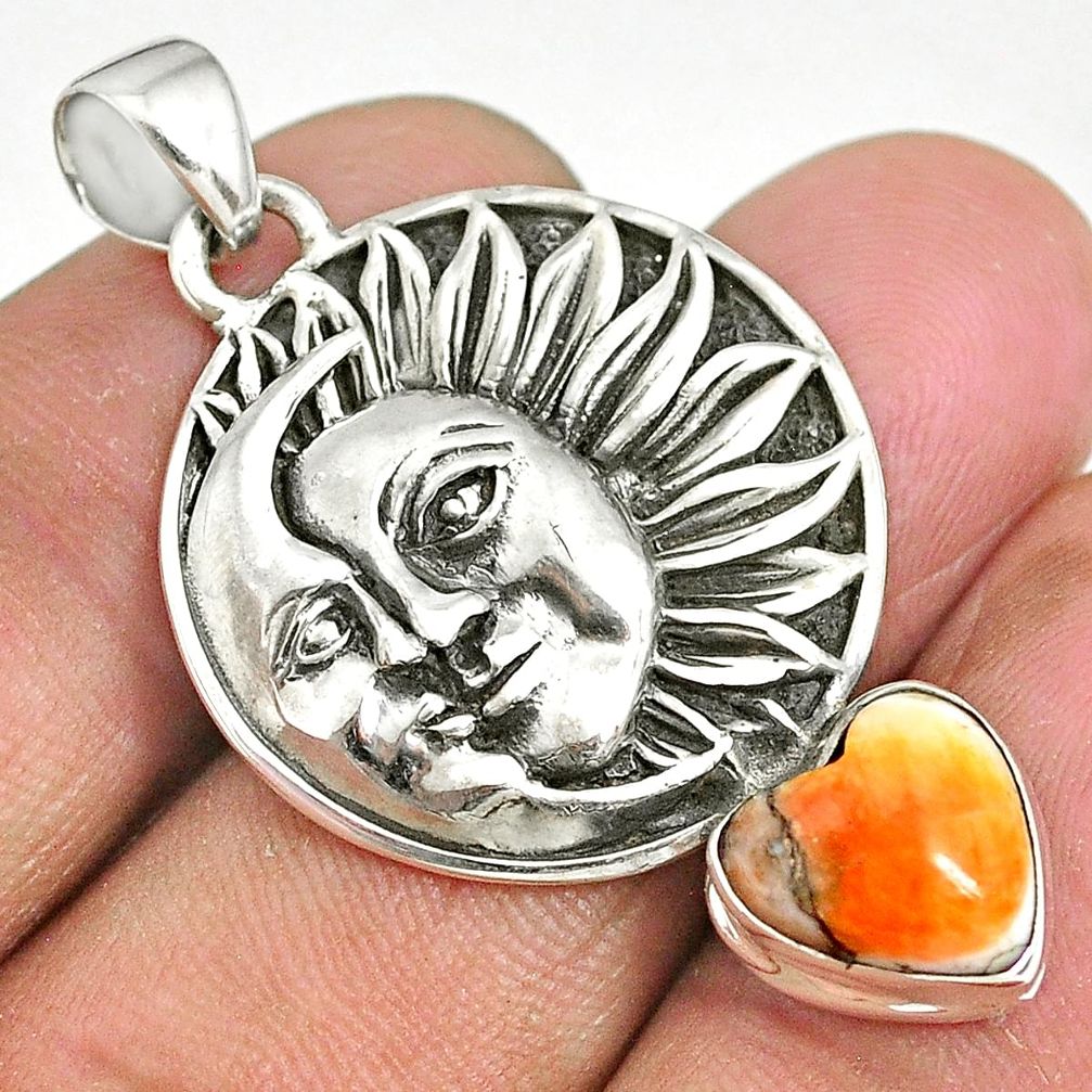 5.47cts spiny oyster arizona turquoise 925 silver sun moon face pendant r90405