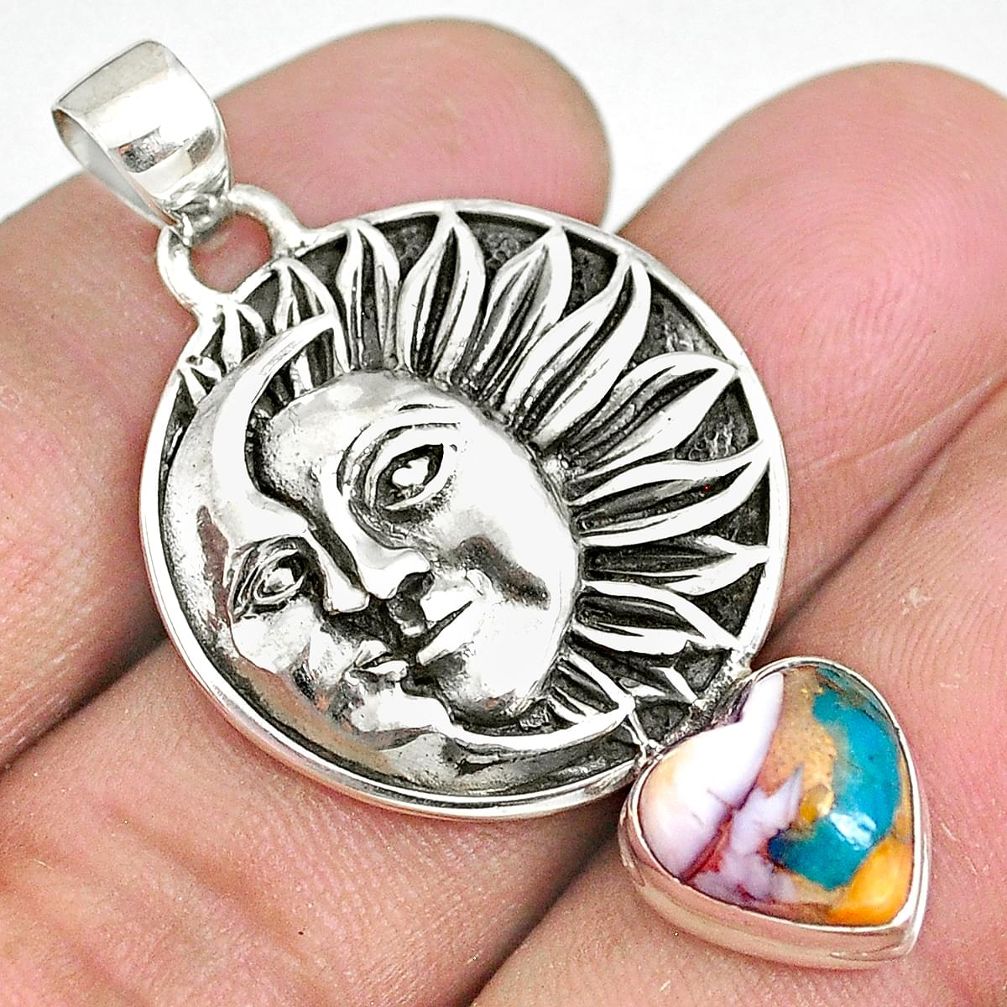 5.52cts spiny oyster arizona turquoise 925 silver sun moon face pendant r90406