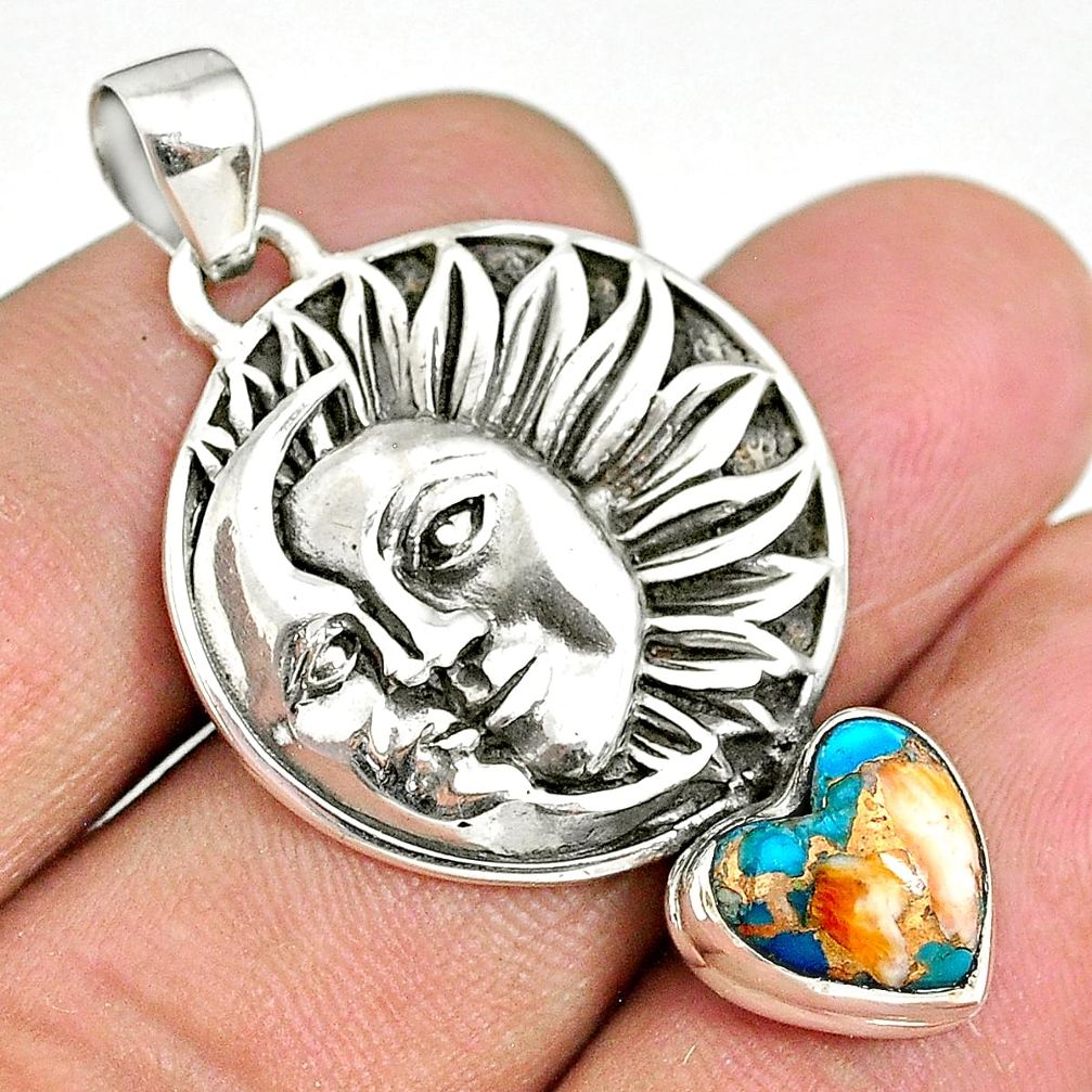 5.47cts spiny oyster arizona turquoise 925 silver sun moon face pendant r90411