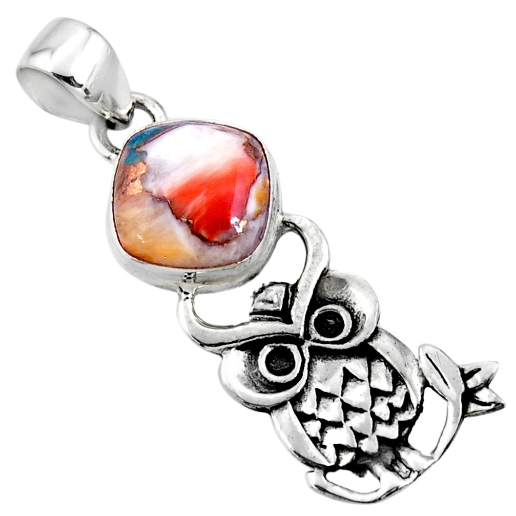 4.84cts spiny oyster arizona turquoise 925 sterling silver owl pendant r52930