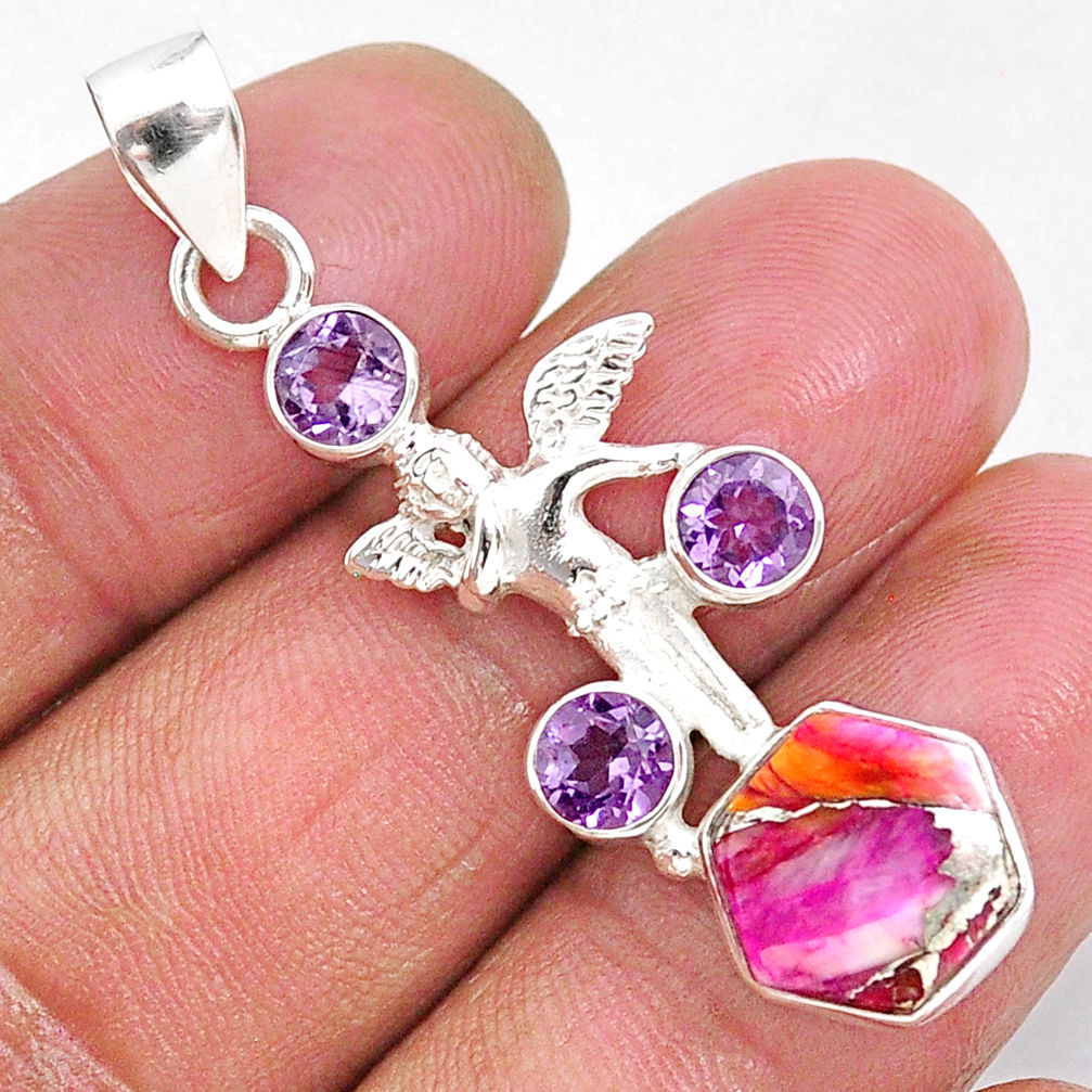 6.84cts spiny oyster arizona turquoise amethyst 925 silver angel pendant r93305