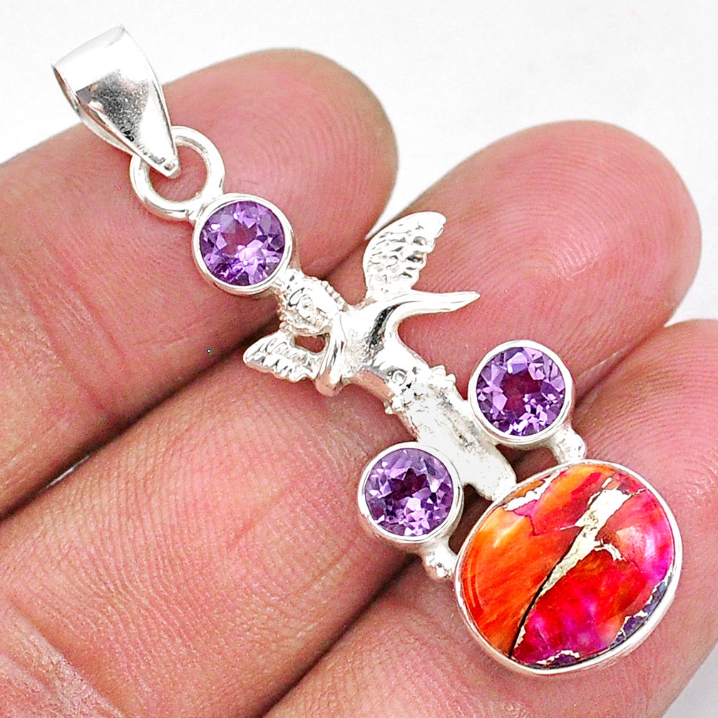 7.12cts spiny oyster arizona turquoise amethyst 925 silver angel pendant r93313
