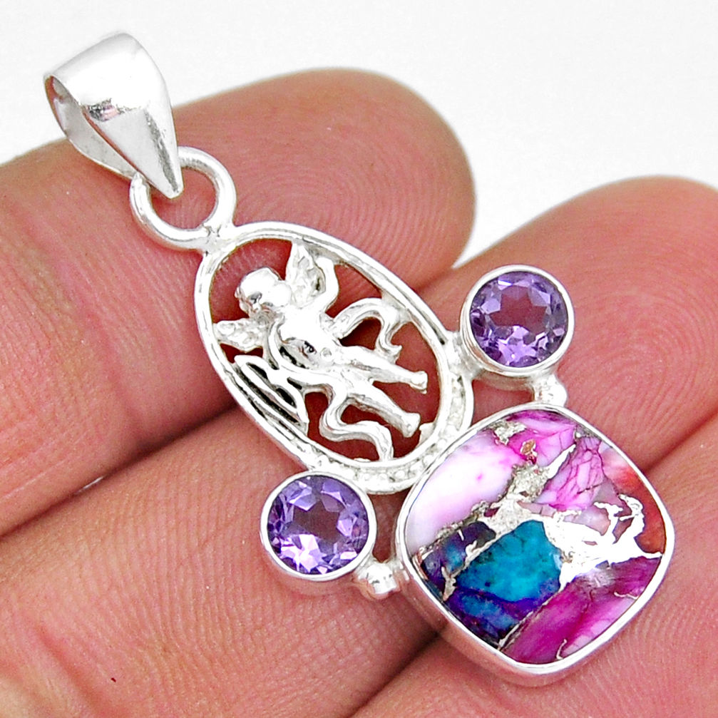 6.27cts spiny oyster arizona turquoise amethyst 925 silver angel pendant y6413