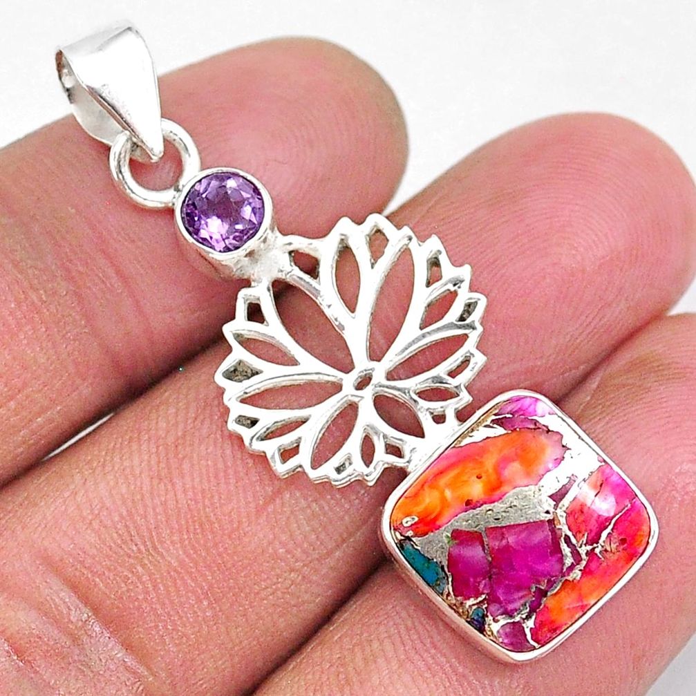 7.30cts spiny oyster arizona turquoise amethyst 925 silver flower pendant r93283