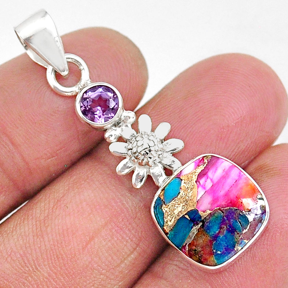 5.24cts spiny oyster arizona turquoise amethyst 925 silver flower pendant r93292