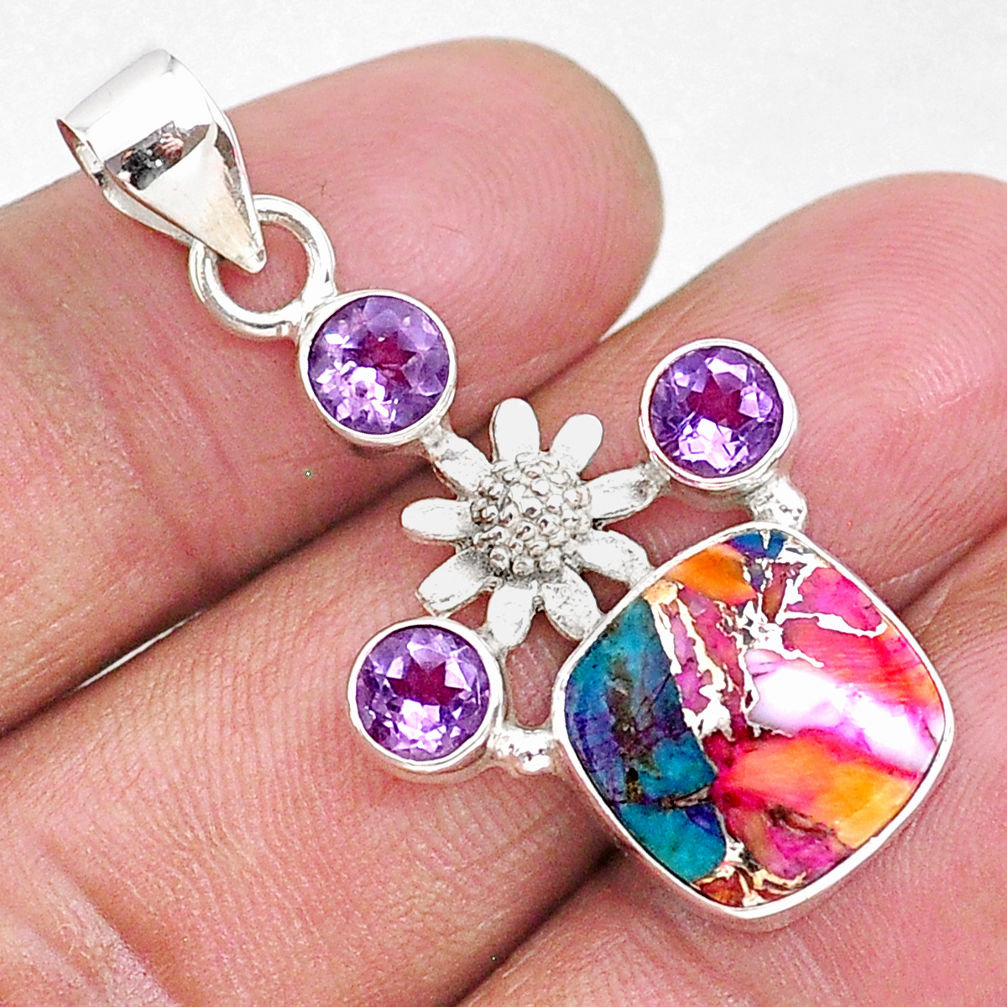 8.45cts spiny oyster arizona turquoise amethyst 925 silver flower pendant r93317