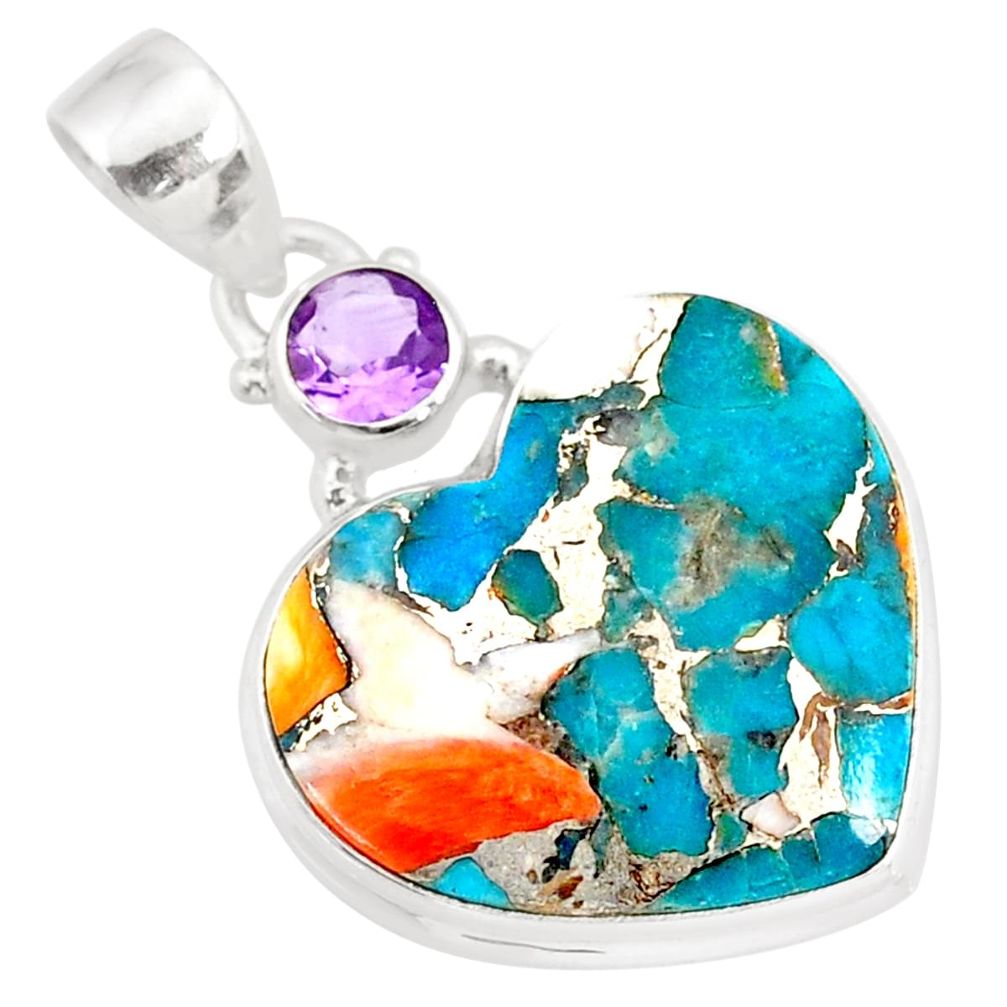 14.68cts spiny oyster arizona turquoise amethyst 925 silver heart pendant r86387