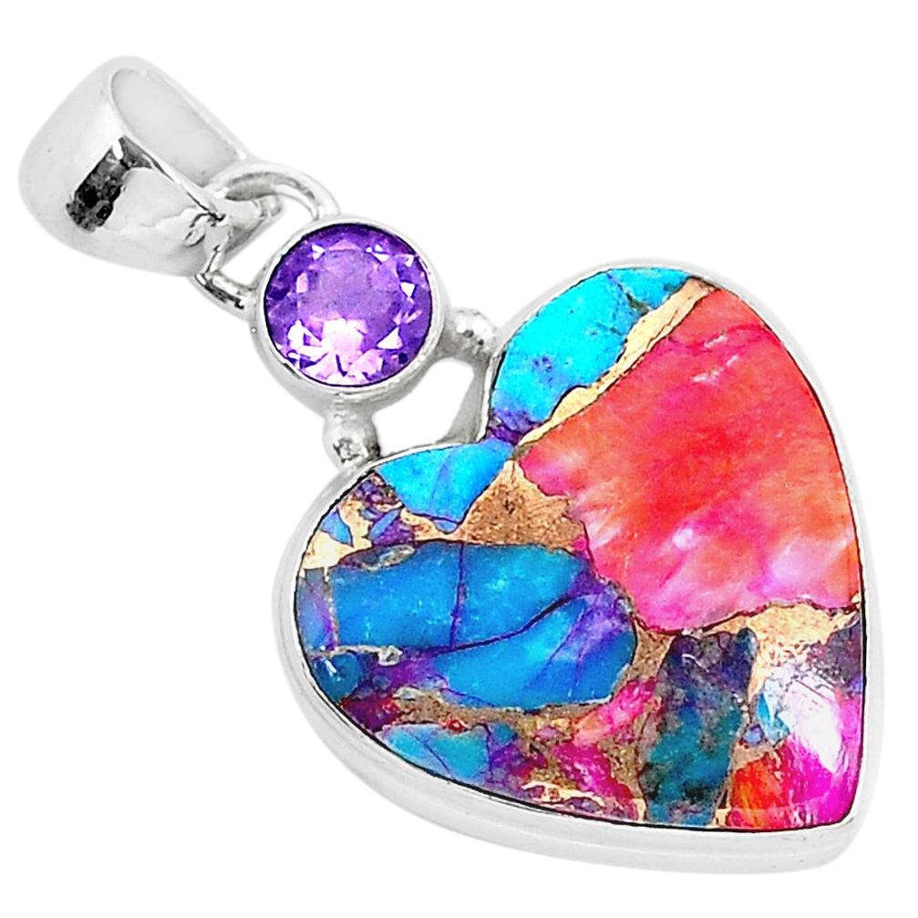 13.15cts spiny oyster arizona turquoise amethyst 925 silver heart pendant r93445