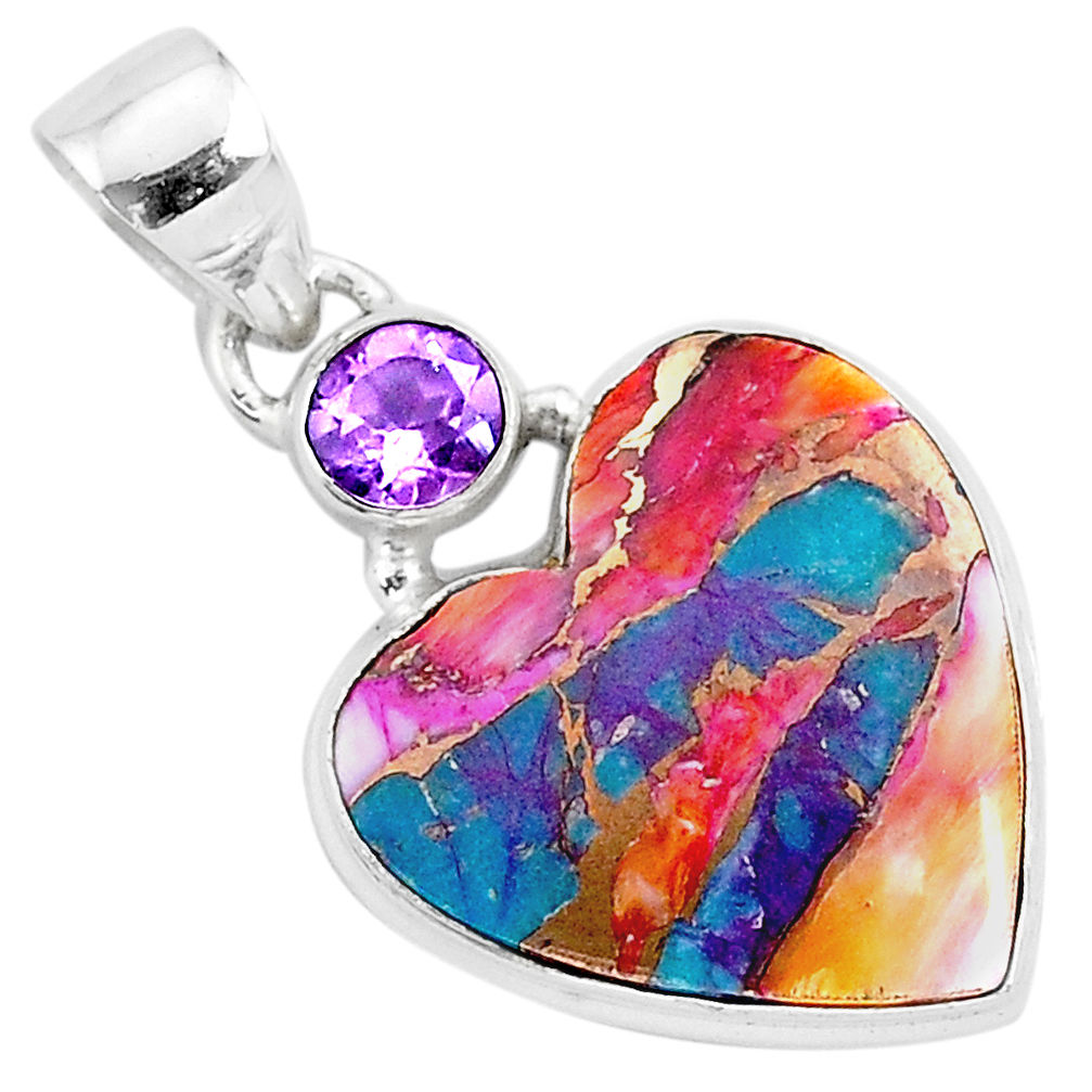 11.73cts spiny oyster arizona turquoise amethyst 925 silver heart pendant r93466