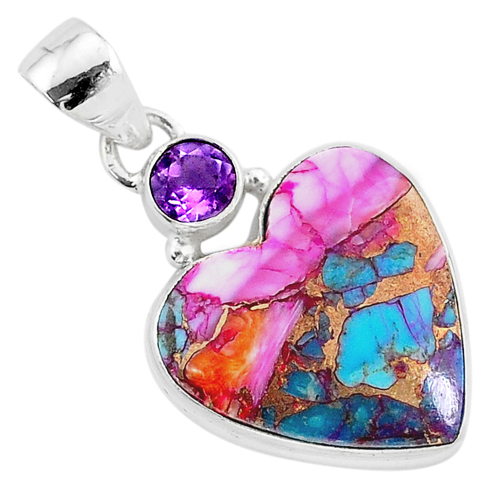 12.58cts spiny oyster arizona turquoise amethyst 925 silver heart pendant r93467