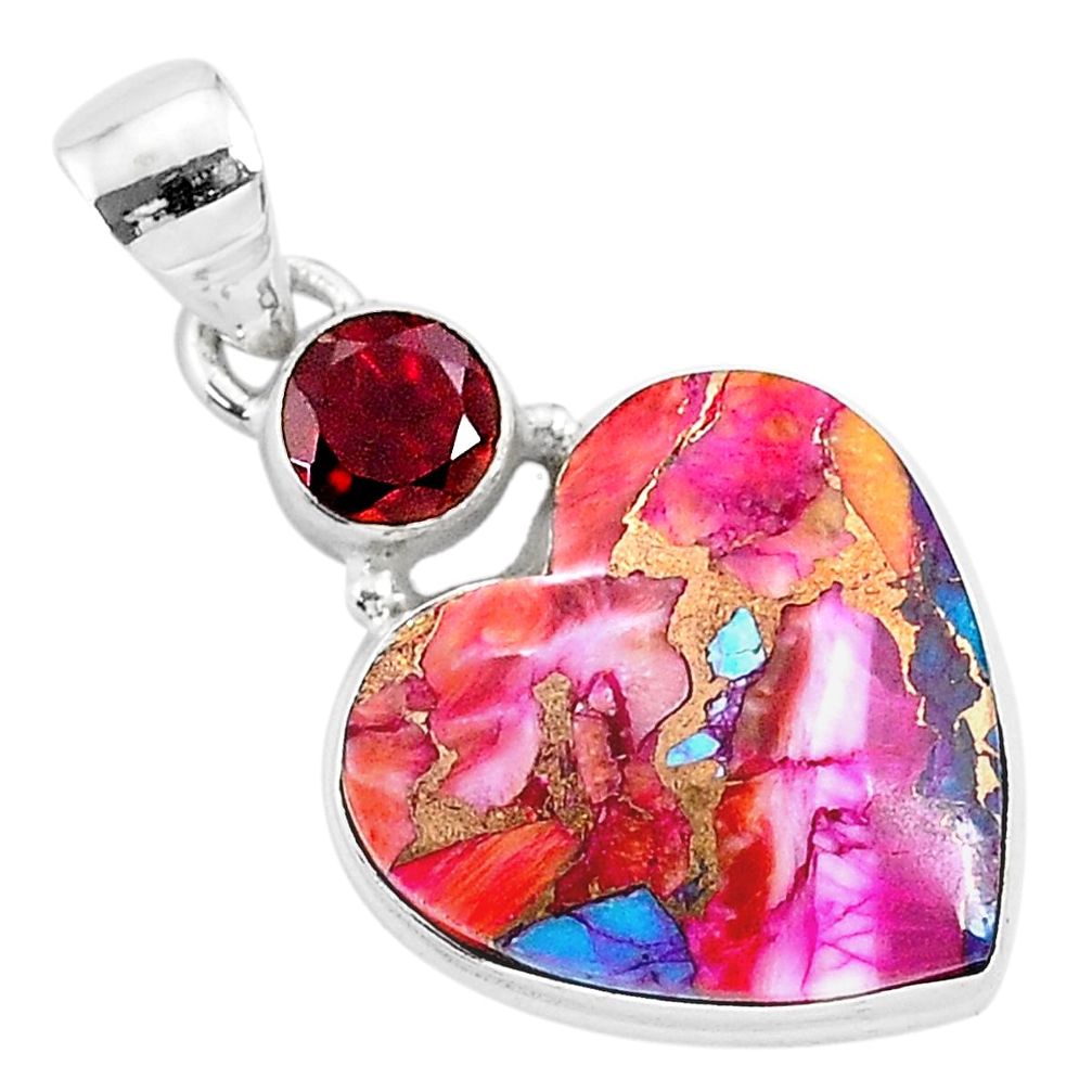 14.23cts spiny oyster arizona turquoise garnet 925 silver heart pendant r93446