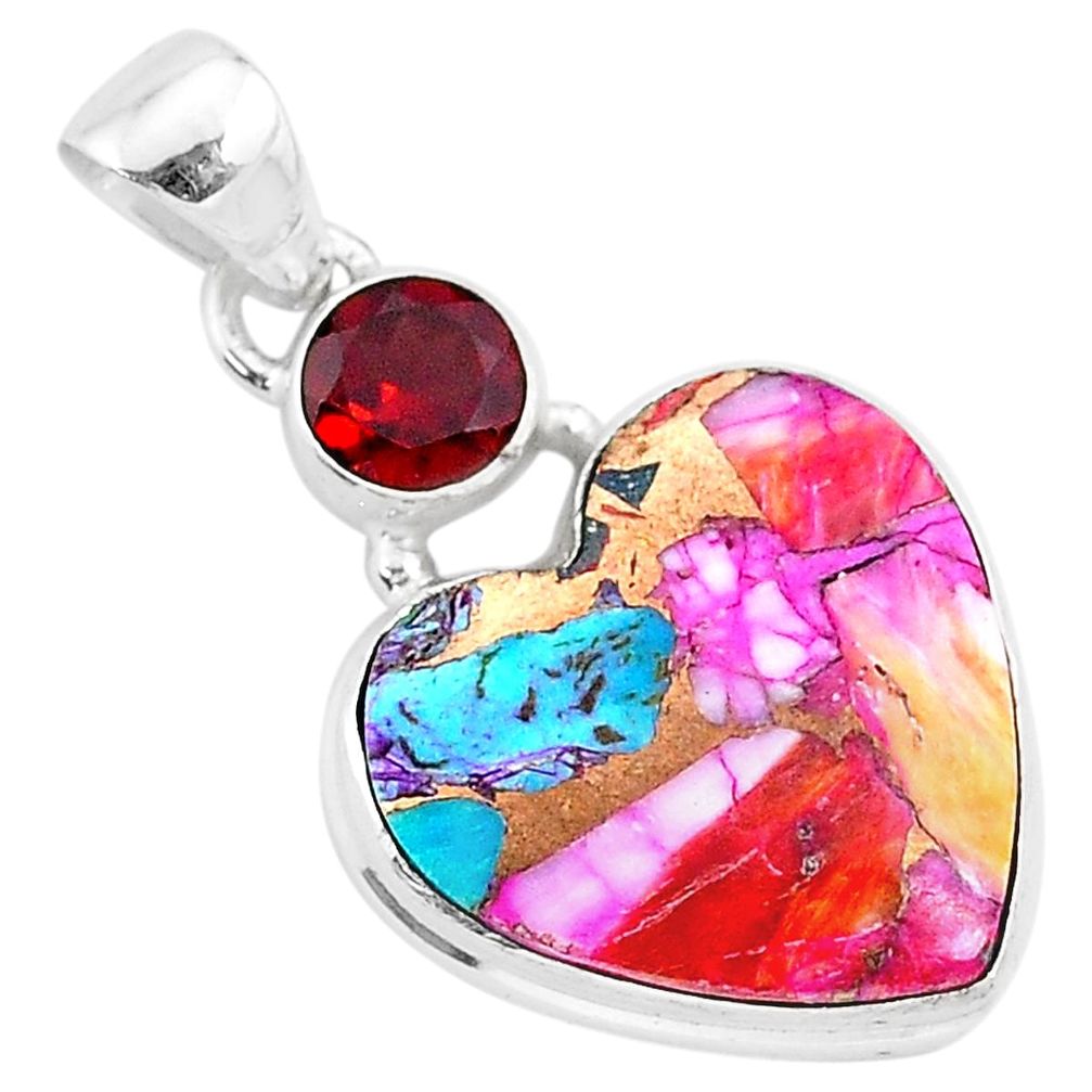 13.12cts spiny oyster arizona turquoise garnet 925 silver heart pendant r93447
