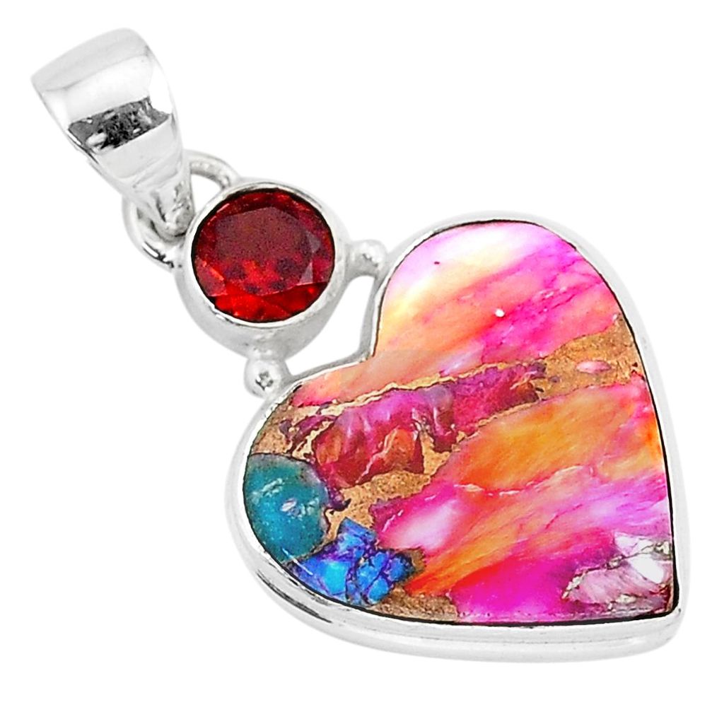 13.67cts spiny oyster arizona turquoise garnet 925 silver heart pendant r93458