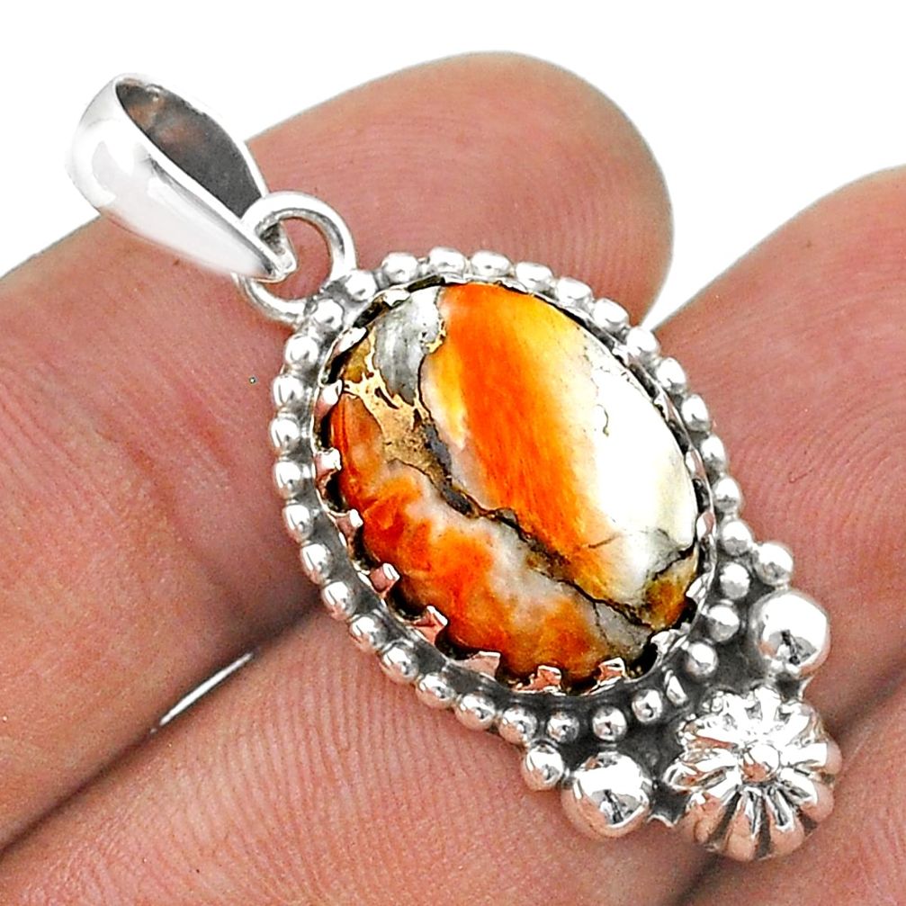 10.68cts spiny oyster arizona turquoise oval 925 silver flower pendant u77651