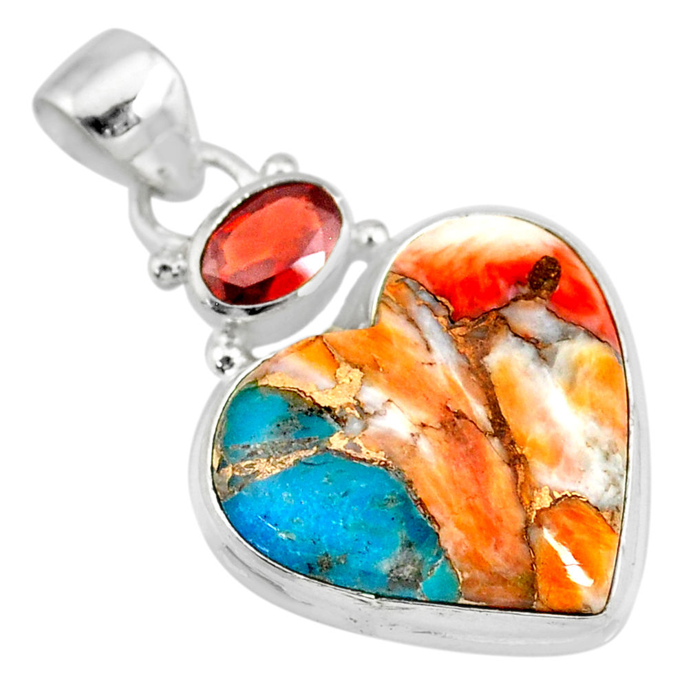 15.65cts spiny oyster arizona turquoise red garnet 925 silver pendant r83461
