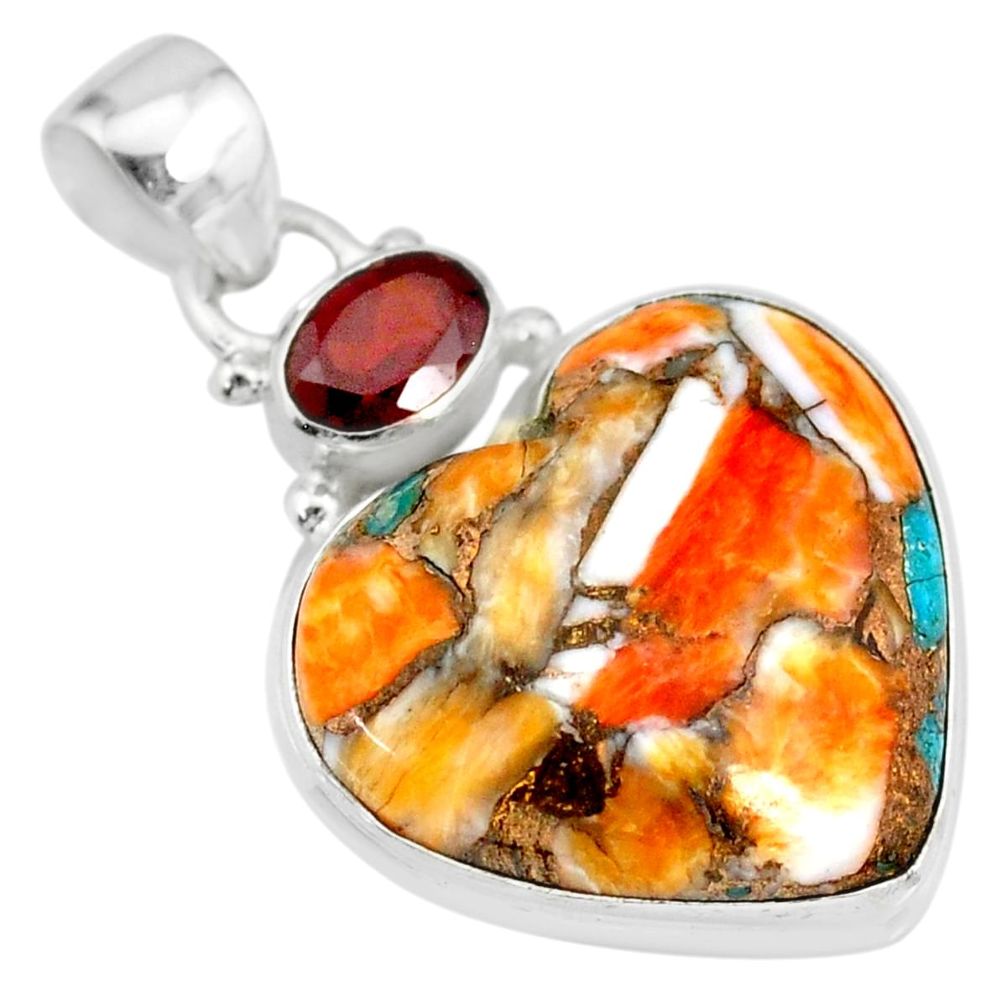 17.57cts spiny oyster arizona turquoise red garnet 925 silver pendant r83470