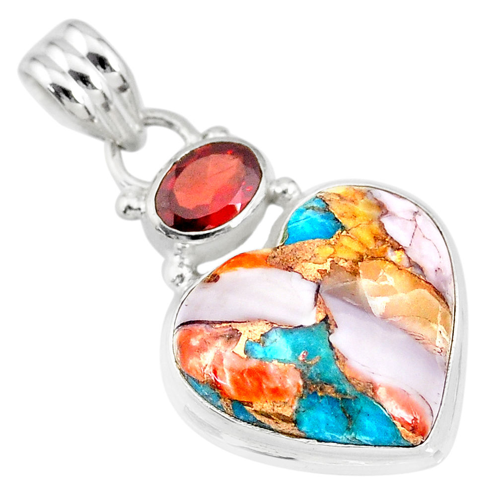 14.23cts spiny oyster arizona turquoise red garnet 925 silver pendant r83483