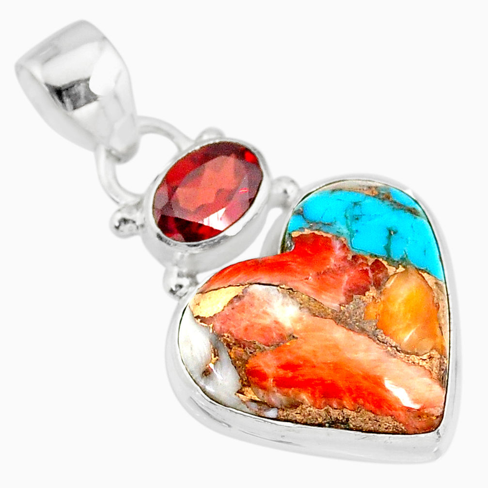 12.22cts spiny oyster arizona turquoise red garnet 925 silver pendant r83507