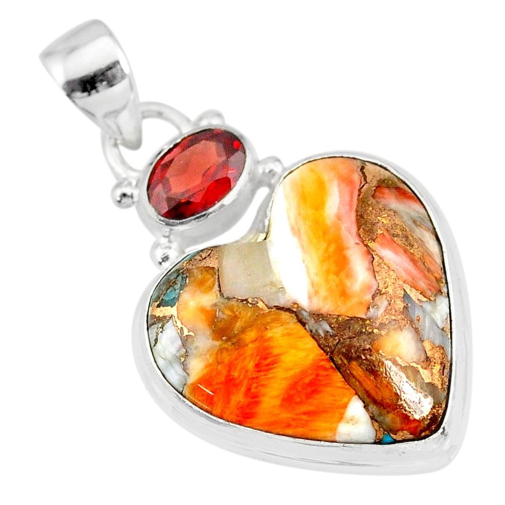 16.20cts spiny oyster arizona turquoise red garnet 925 silver pendant r83510