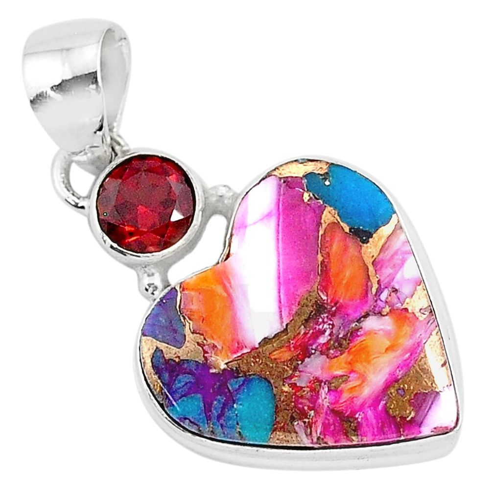 13.55cts spiny oyster arizona turquoise red garnet 925 silver pendant r93443