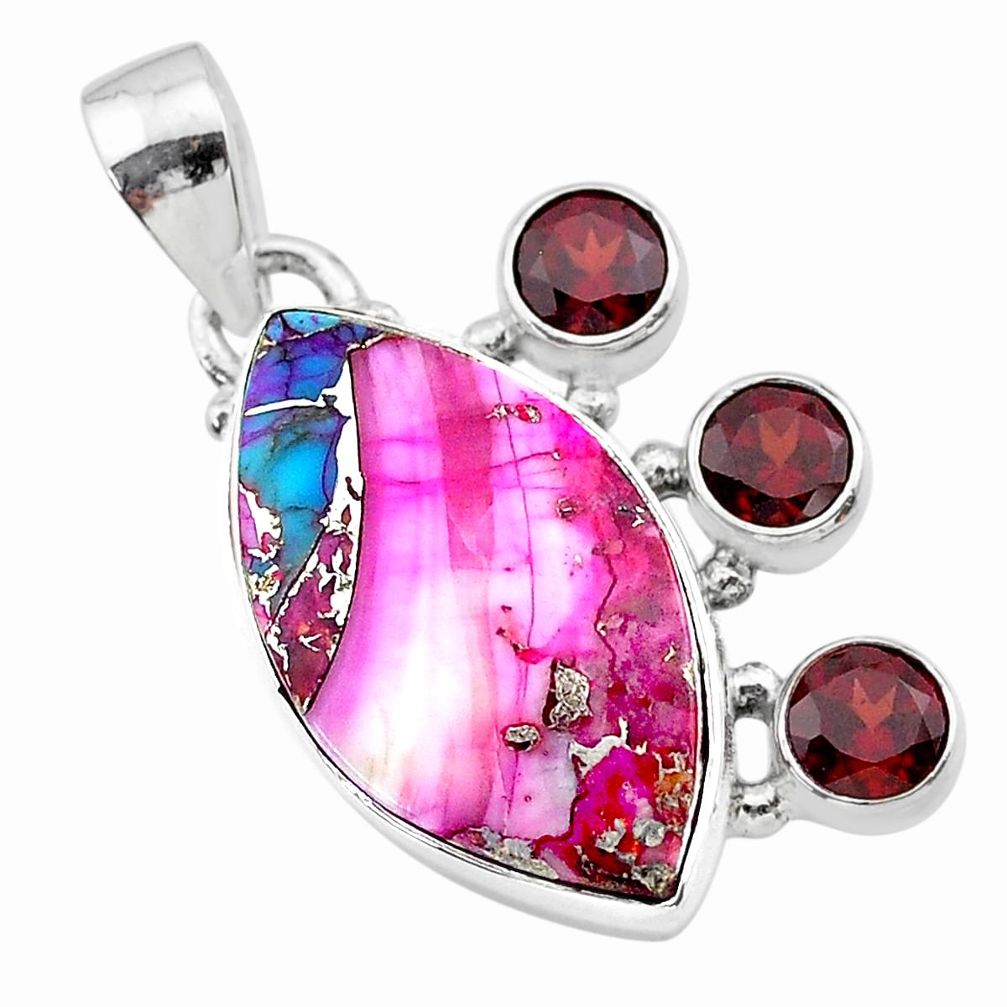 15.08cts spiny oyster arizona turquoise red garnet 925 silver pendant t30418