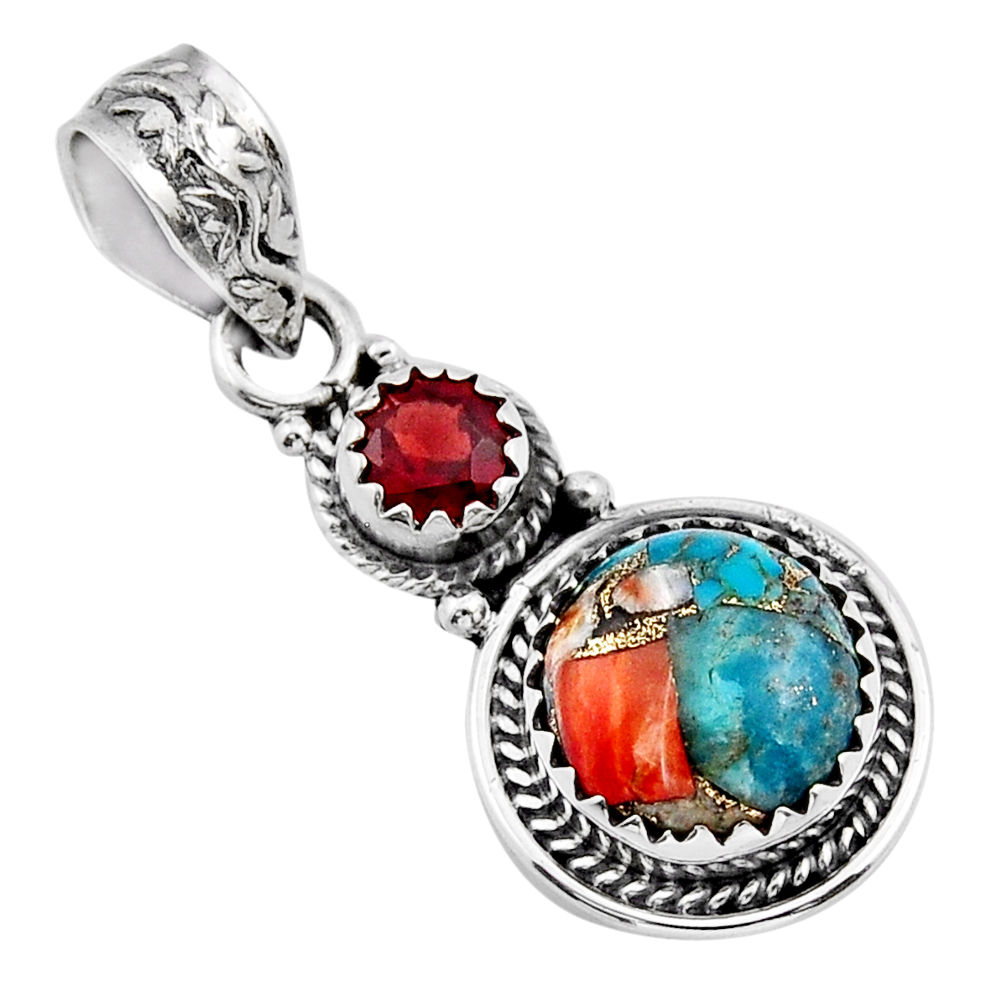5.25cts spiny oyster arizona turquoise round garnet 925 silver pendant y37157