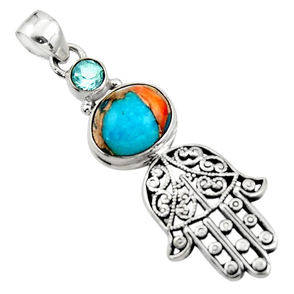 6.39cts spiny oyster arizona turquoise silver hand of god hamsa pendant r52785